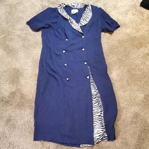 80s Danny & Nicole Navy Blue and Tiger Print Shoulder Pads Dress